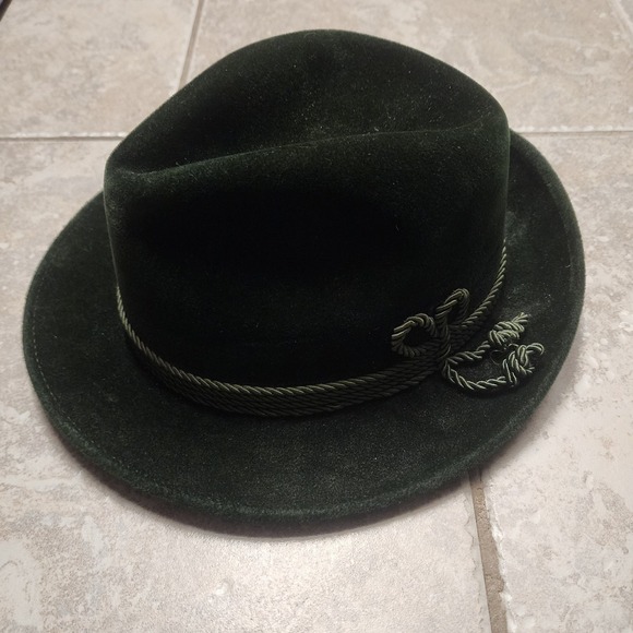 Other - Vintage Tyrolean Fedora Hat Forest Green Velour Alpine Style Rope Trim Band
